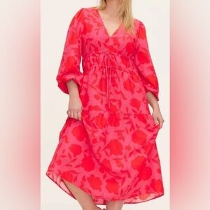 Vibrant Red Floral Long Sleeve Dress